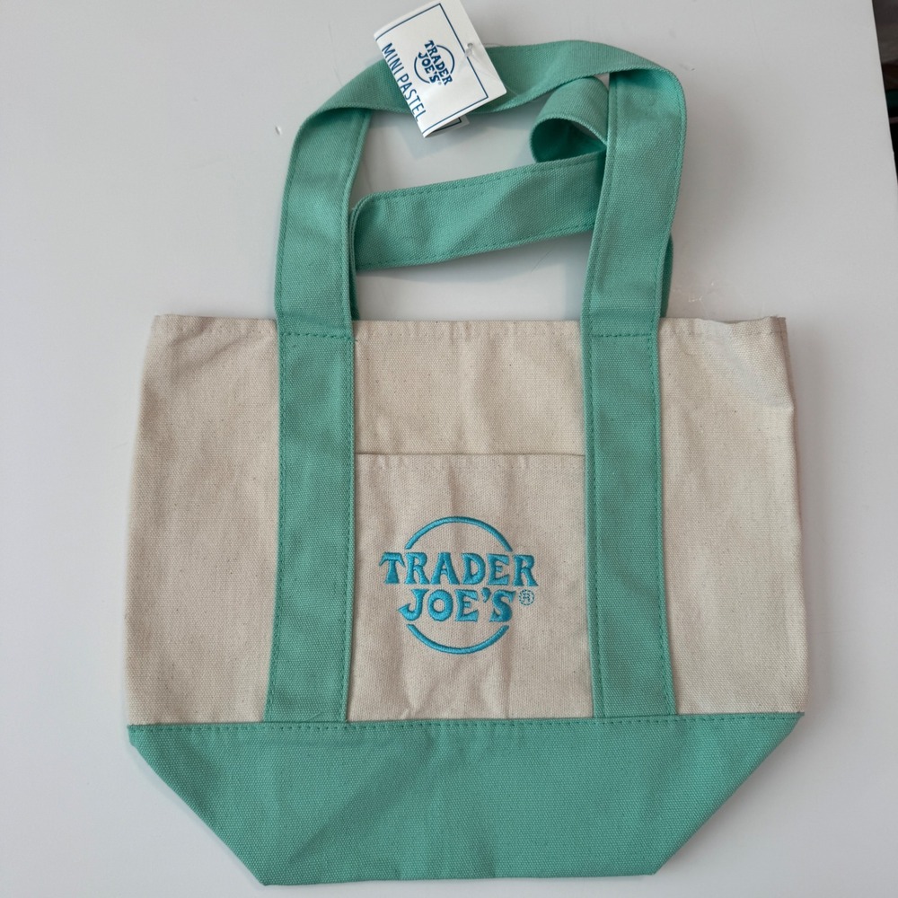 Trader Joe's Mini Pastel Canvas Tote Bag Teal Cream Embroidered Logo NWT